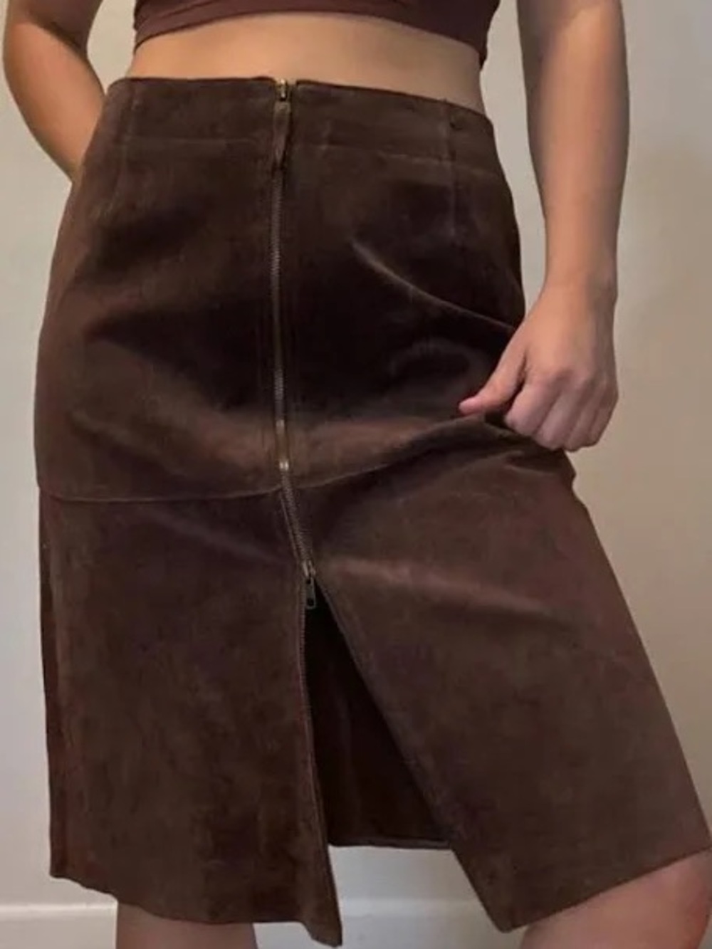 Isaac Mizrahi Suede Genuine Full Zip Front Knee Length Skirt Chocolate Brown